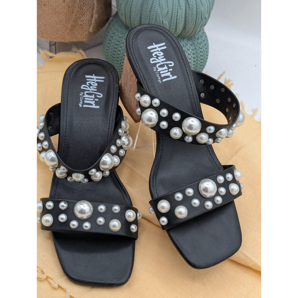 Hey Girl by Corkys Pearl Embellished Block Heel‎ Sandals Black Slide Size 8 LN